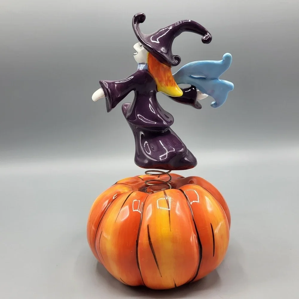 Apple's Halloween Witch on Pumpkin Bobble Figurine Decor 7.5in Purple Orange